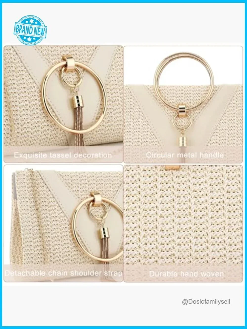 Straw Clutch Purse Handwoven Seagrass Tassel Detachable Chain Shoulder Bag Tote